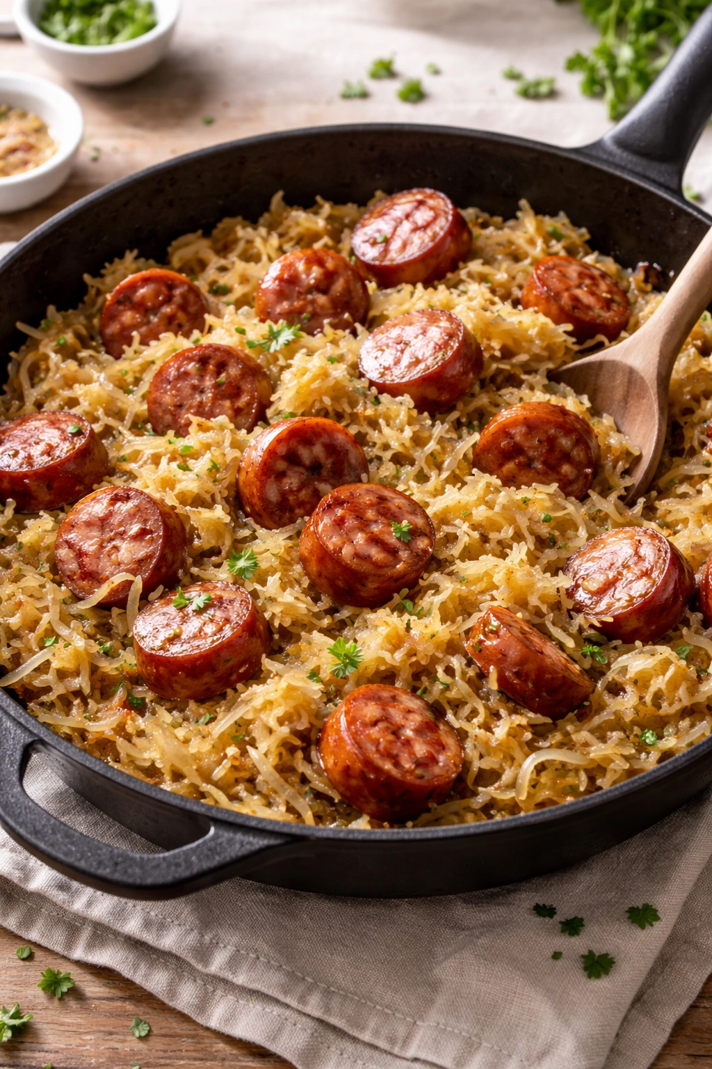 Sausage and sauerkraut skillet with browned kielbasa and sauerkraut