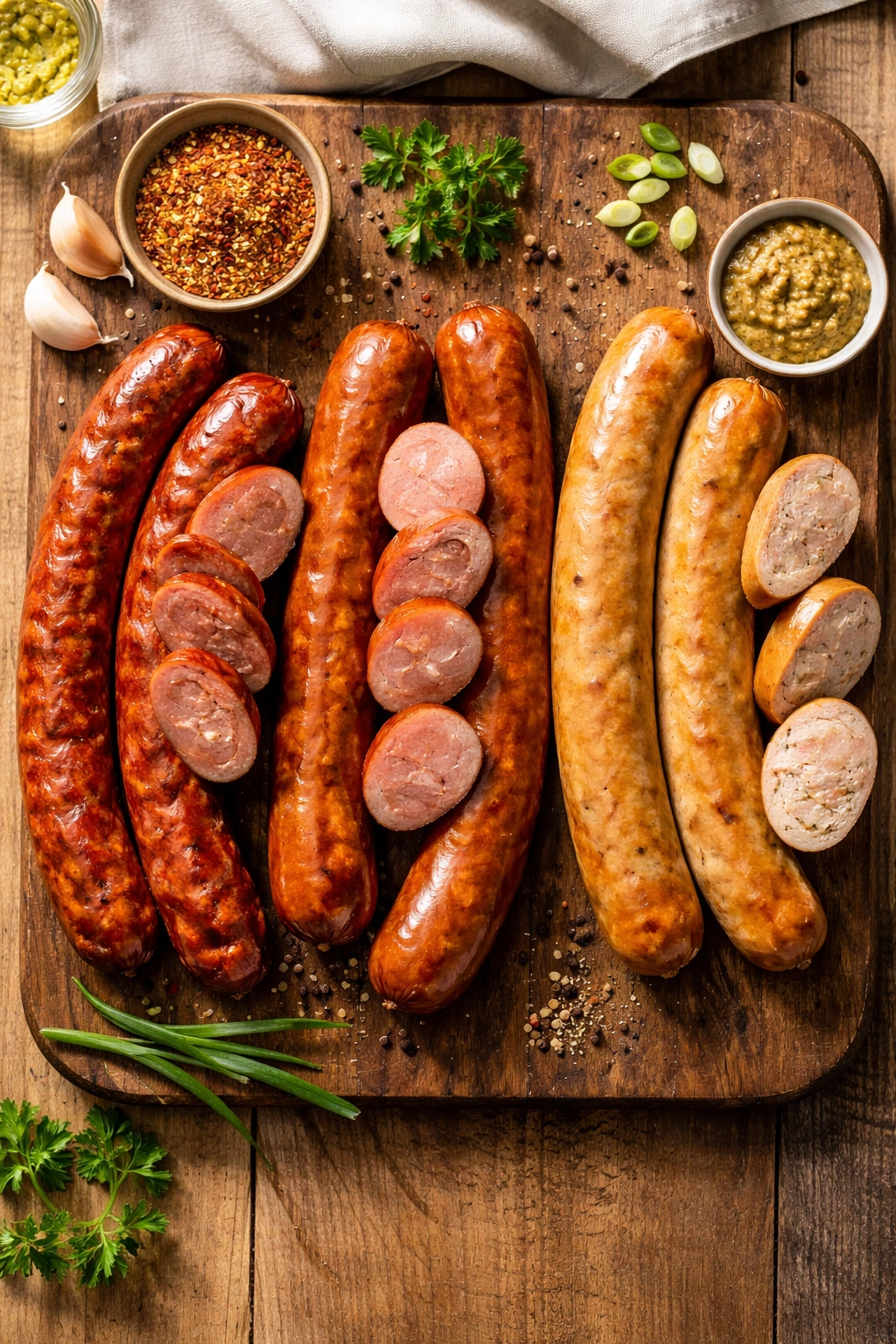 Smoked sausages arranged on wood board ready for selection