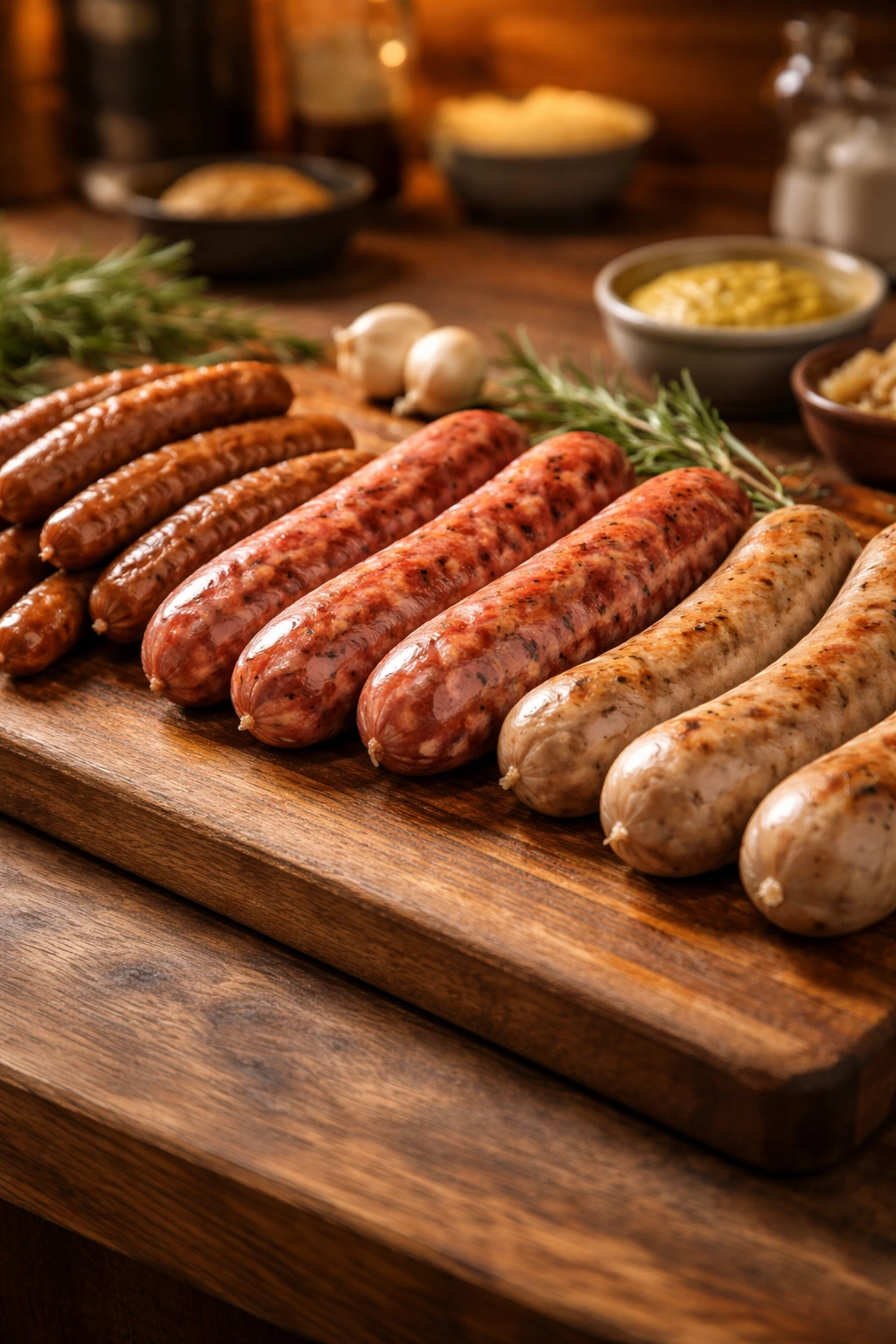 Assortment of different sausages on a cutting board ready for selection
