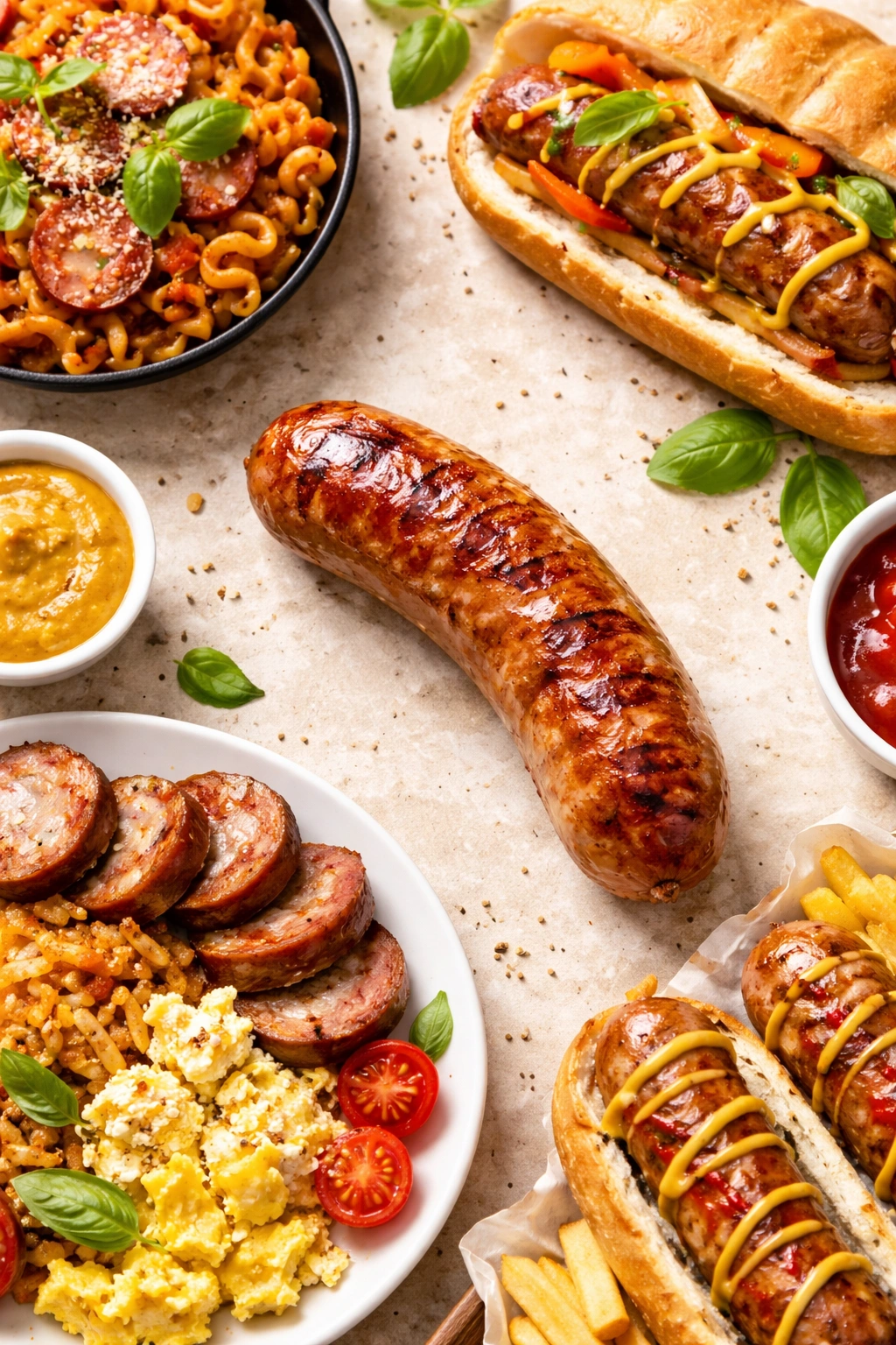 Sausage ready to serve on a plain background