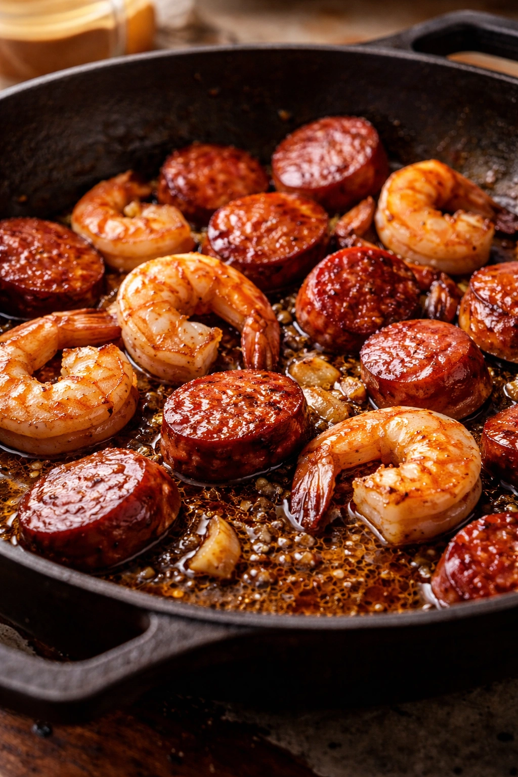 Close-up of browned sausage slices and shrimp in a pan, illustrating the sausage and shrimp foundation