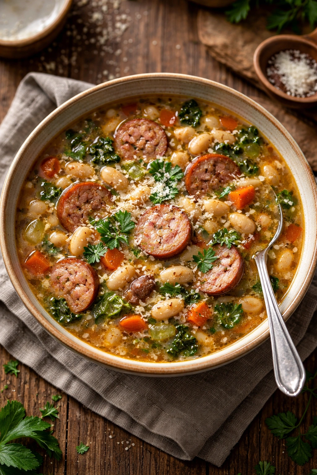 Creamy white bean soup with sausage slices in a rustic bowl