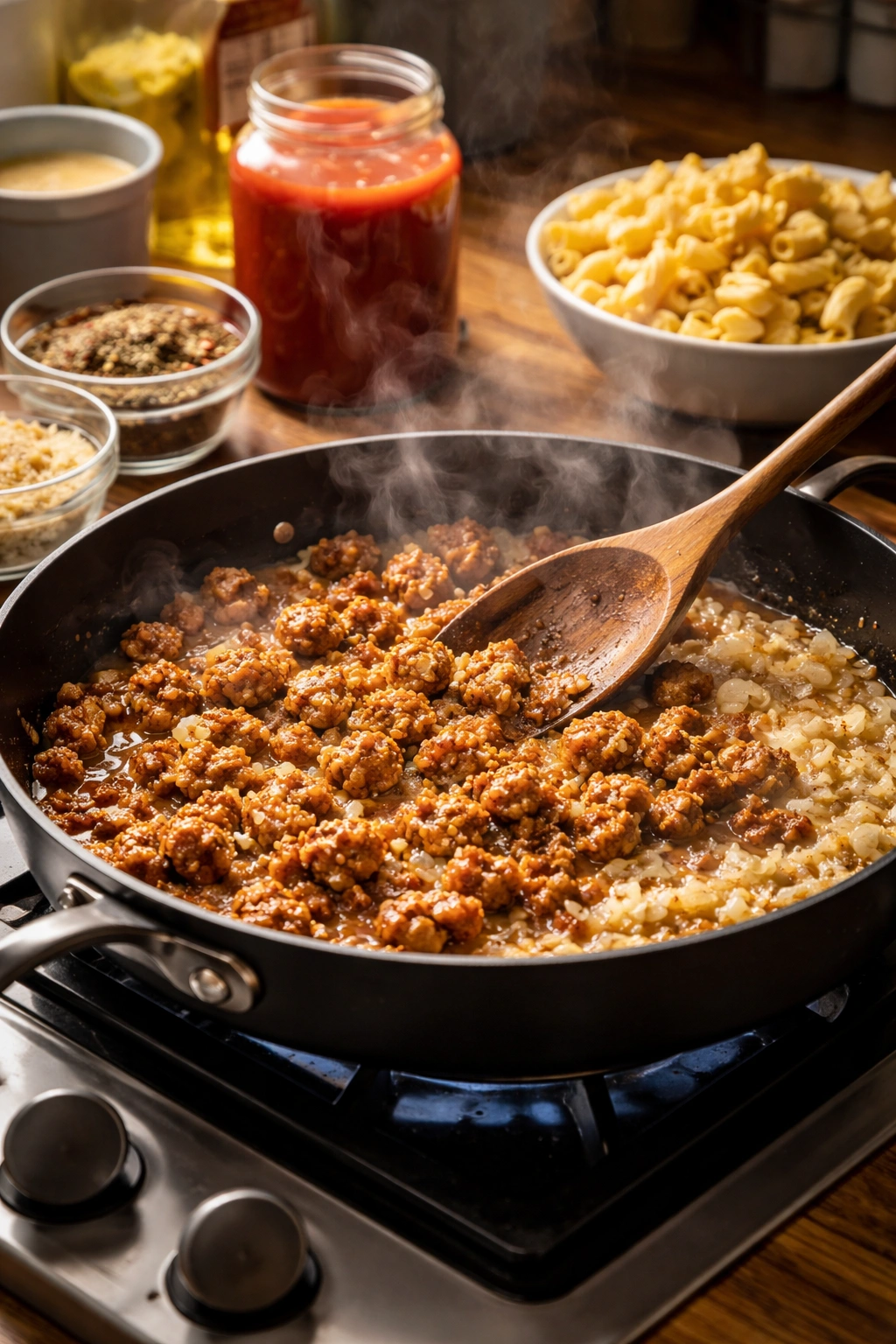 Skillet with browned sausage and simmering sauce for one-pot tortellini, garlic and onions visible