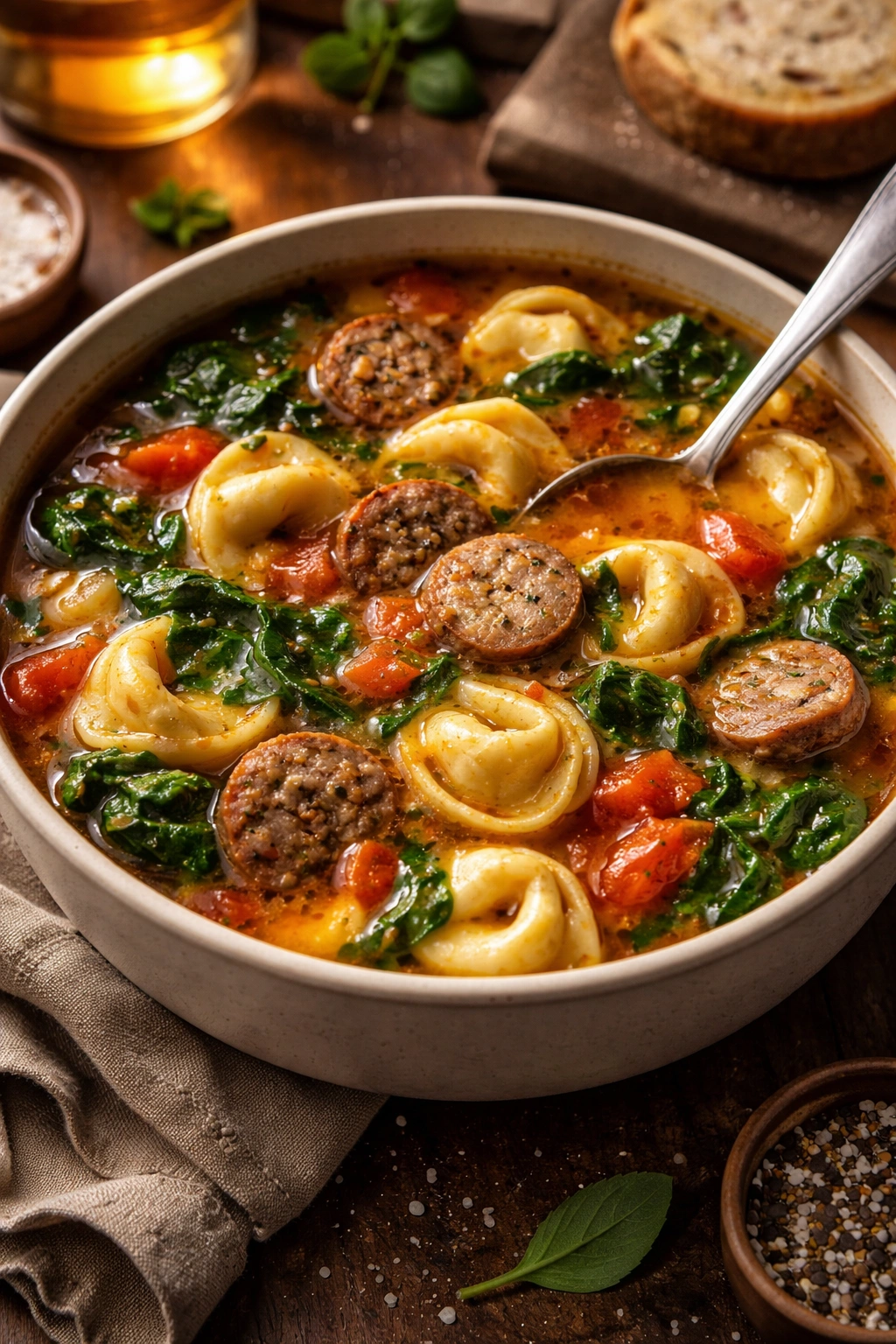 Steaming bowl of Italian sausage and tortellini soup with sausage, tortellini, and spinach