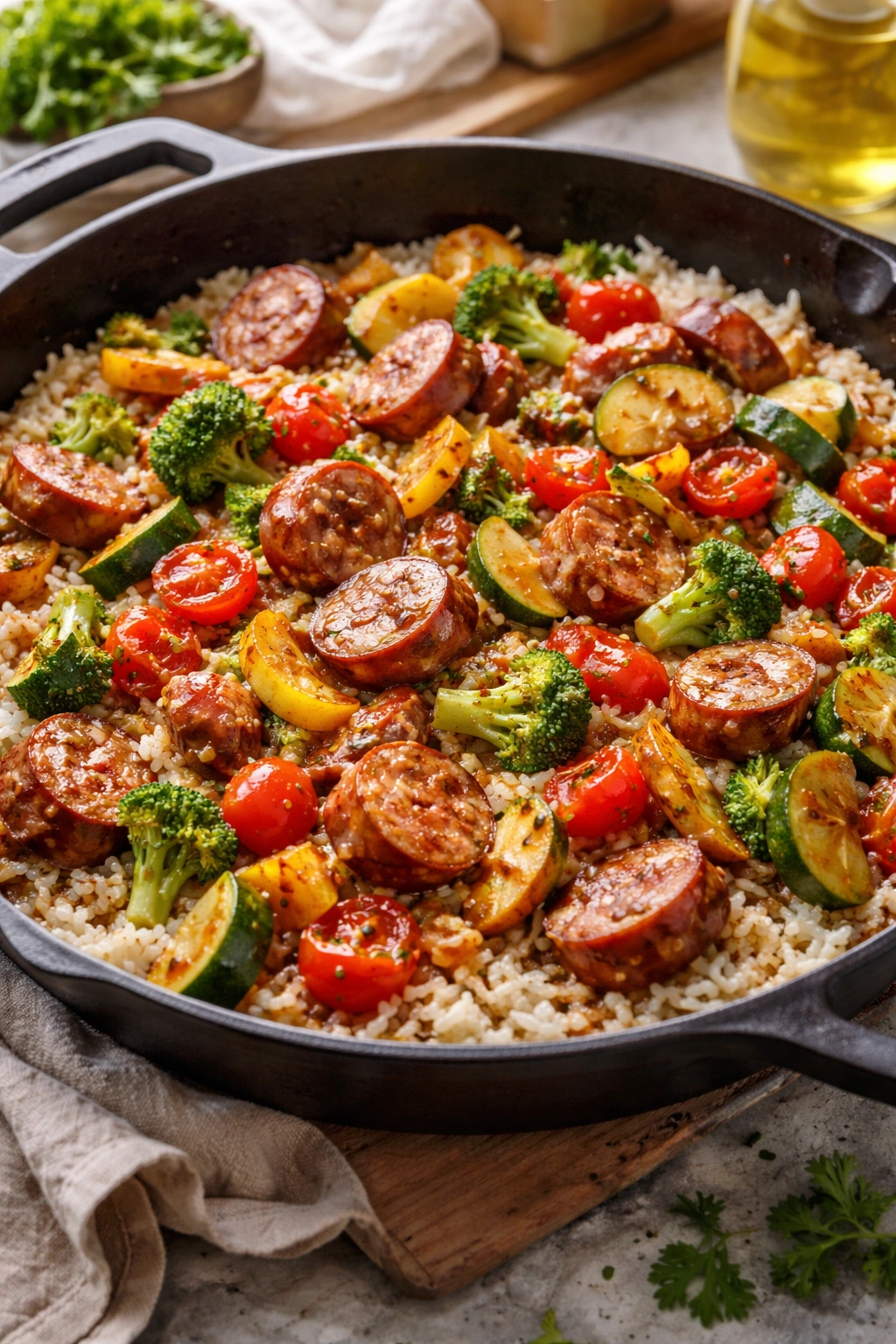 Sausage and vegetable skillet over rice, colorful vegetables and sausage
