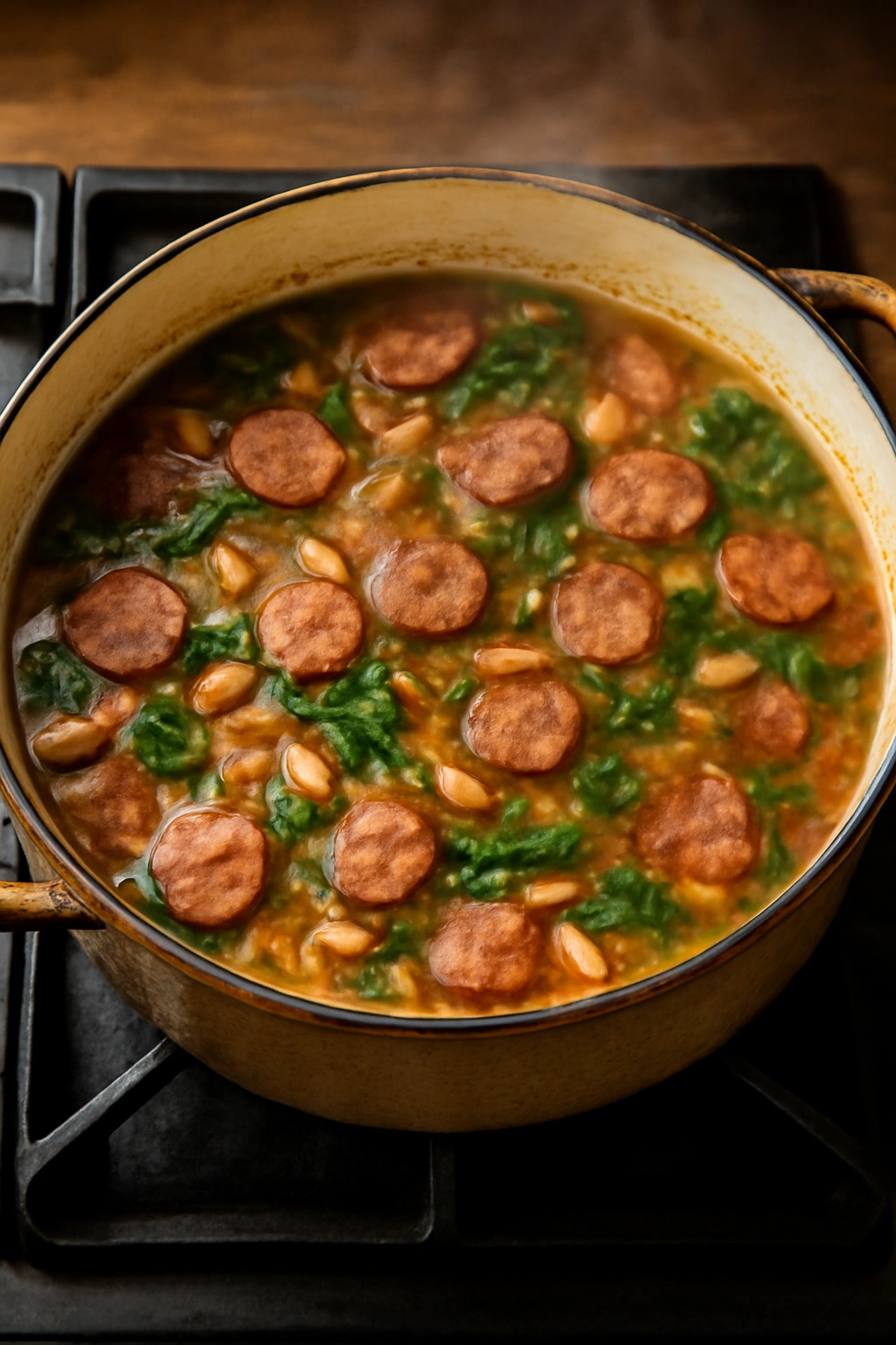 One-pot sausage and white bean soup in a pot