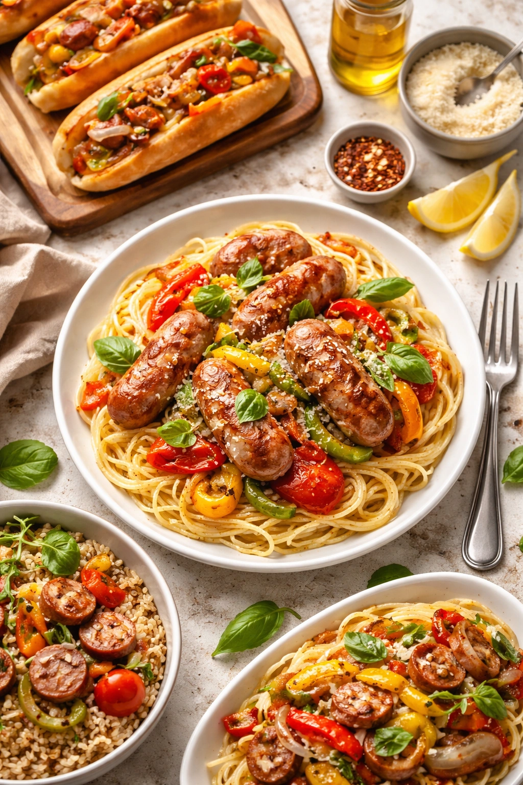 Plate of sausage and peppers over pasta with basil