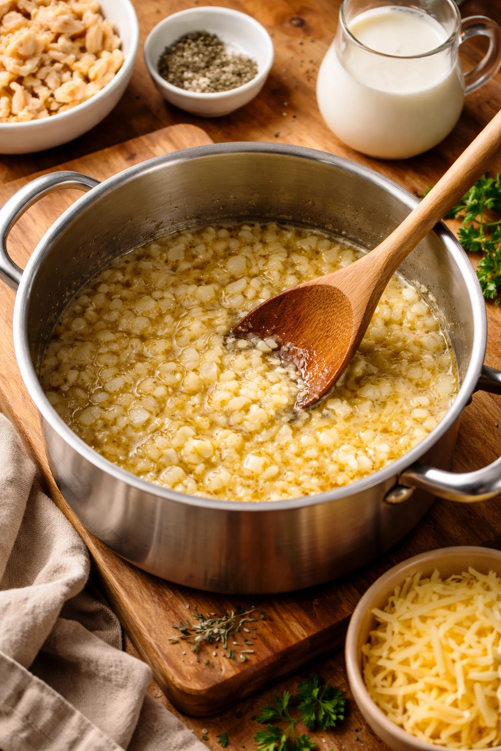 Onions and garlic simmering in a buttered pan