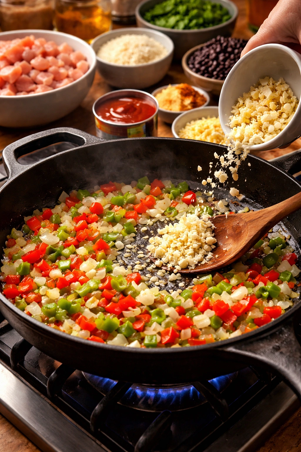 Skillet with onions and peppers sautéing on a stove, garlic being added, showing cooking steps in progress