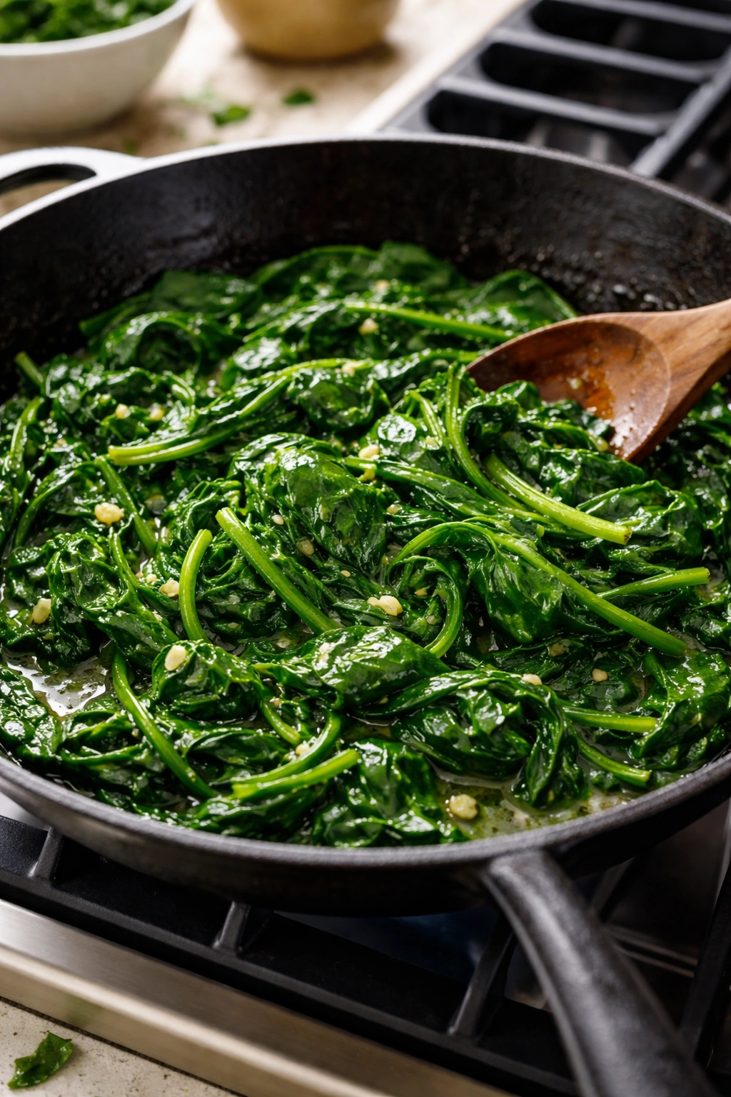 Wilted spinach in a skillet with butter, glossy green leaves