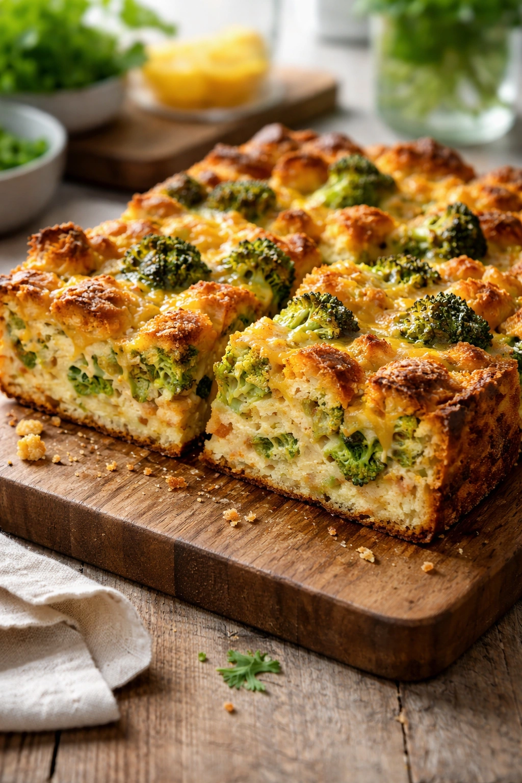 Wedges of broccoli cheddar bread pudding on a wooden board