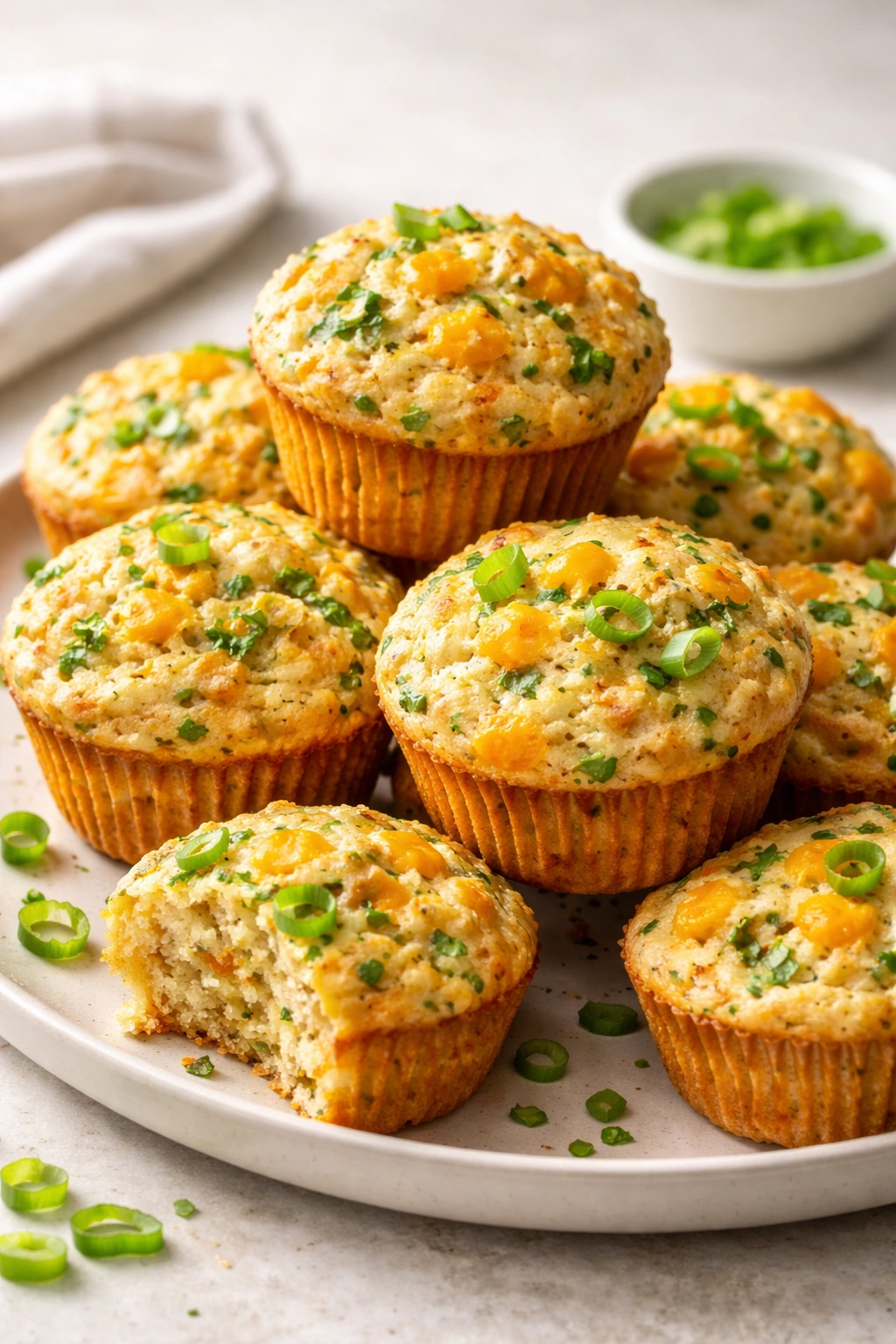 Close-up of cheddar herb muffins with scallions on a plate