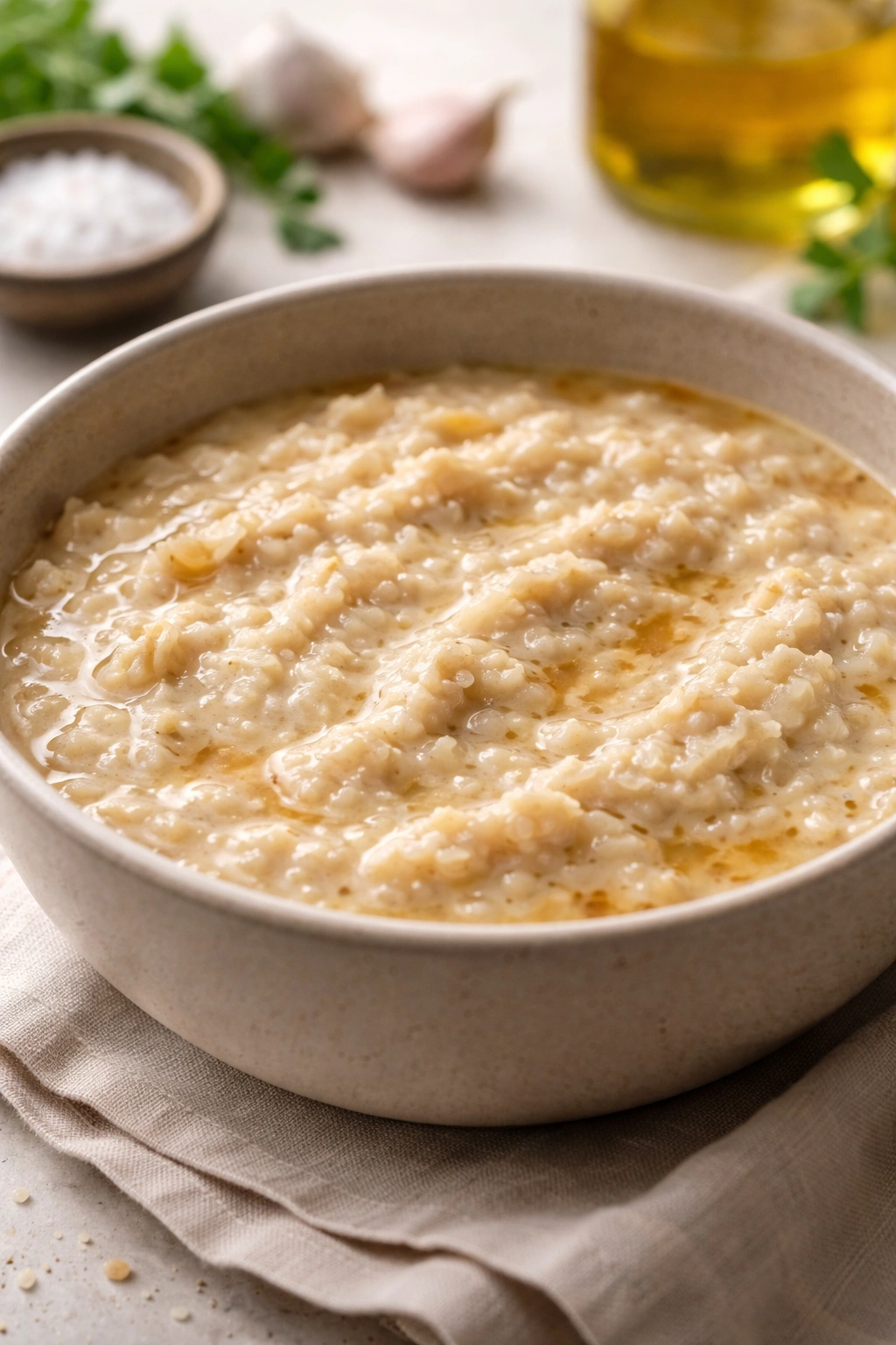 Close-up of creamy savory oatmeal base with broth swirl in a neutral bowl