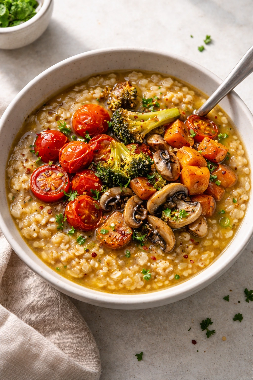 Savory oatmeal in broth with roasted vegetables