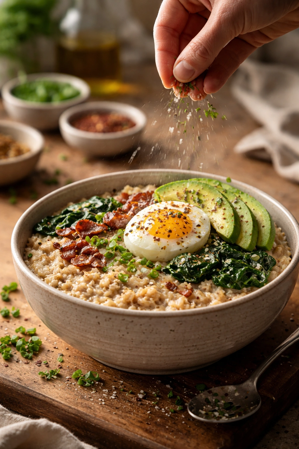 Savory oatmeal with hand sprinkling salt and herbs