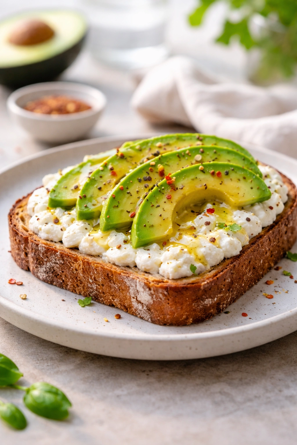Savory cottage cheese toast topped with avocado on a slice of bread