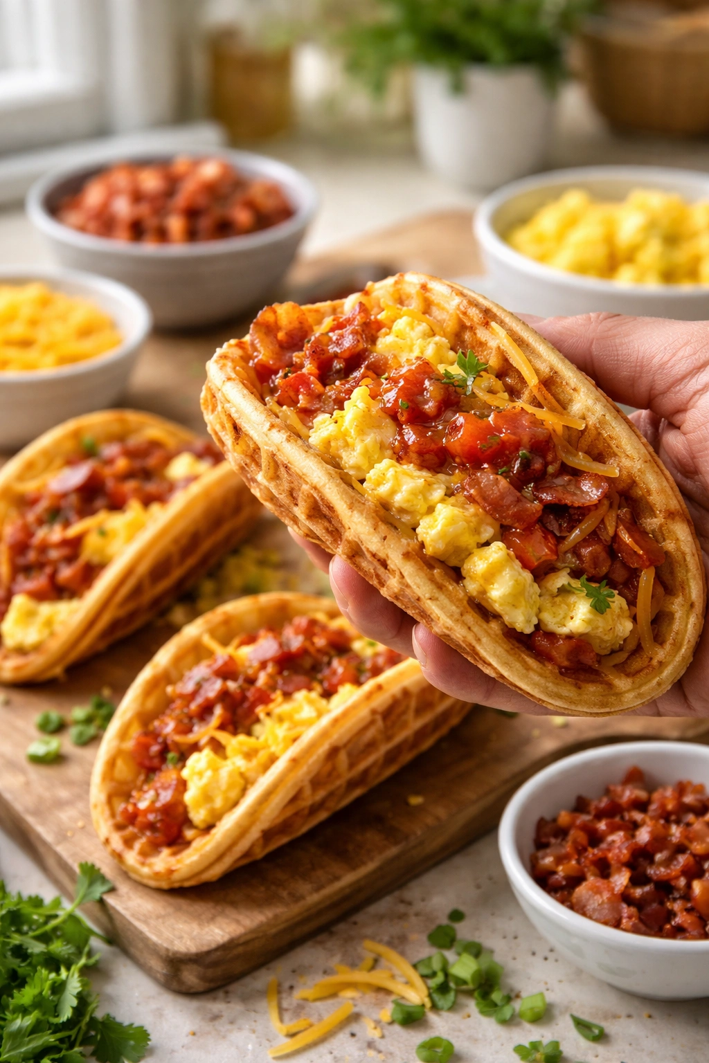 Close-up of a savory waffle taco with eggs, bacon and cheddar filling