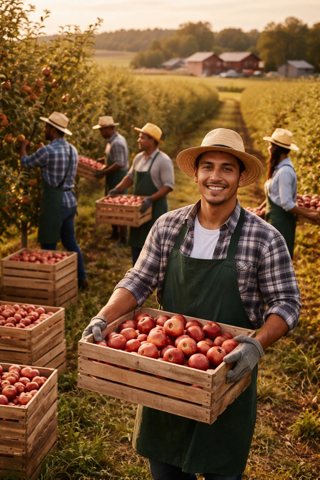 Migrant farm workers harvesting fruit on a Canadian farm