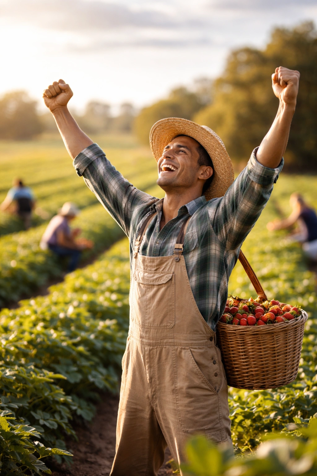 Farm worker celebrating earnings potential in a sunlit field