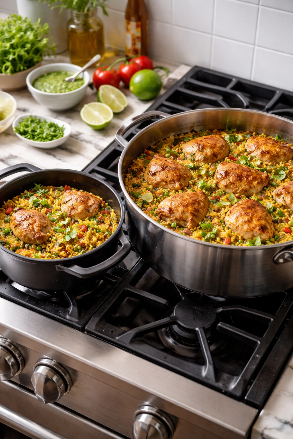 Two pots of arroz con pollo in different sizes showing scaling