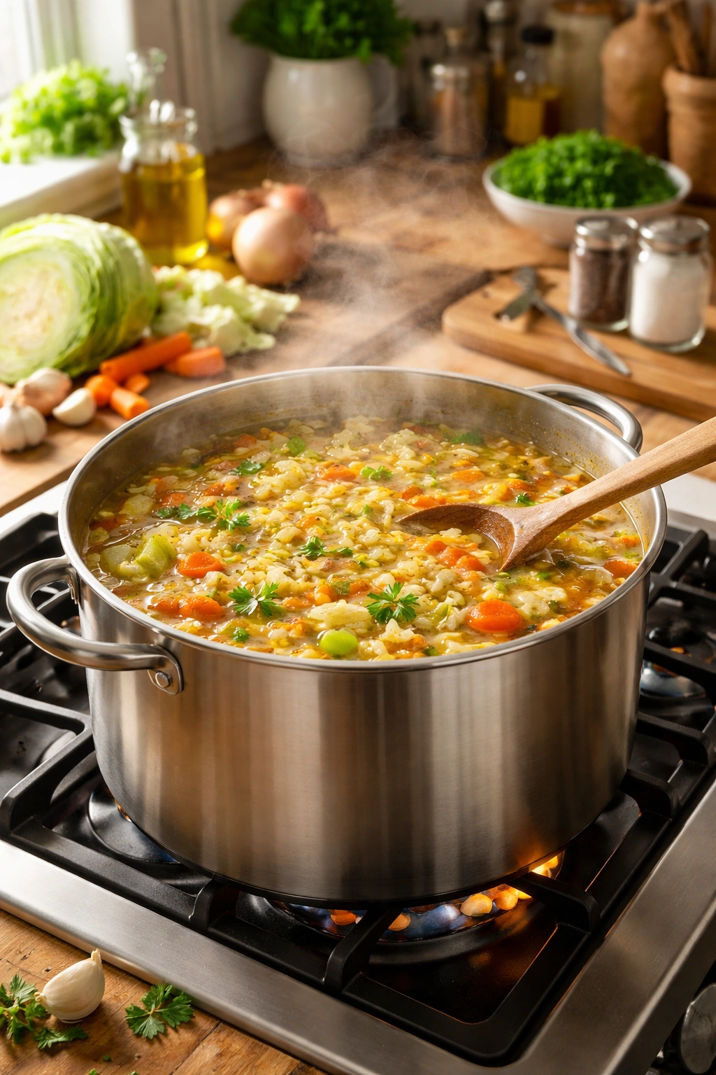 Large pot of cabbage soup steaming on a stove