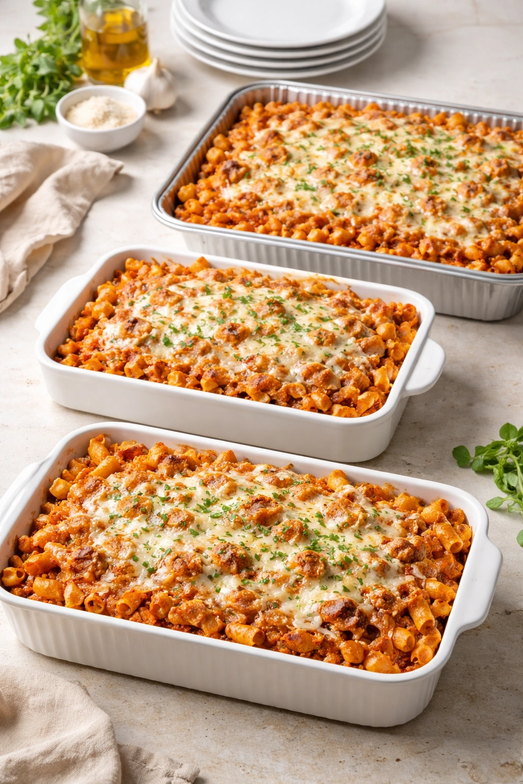 Three casseroles in increasing sizes on counter.