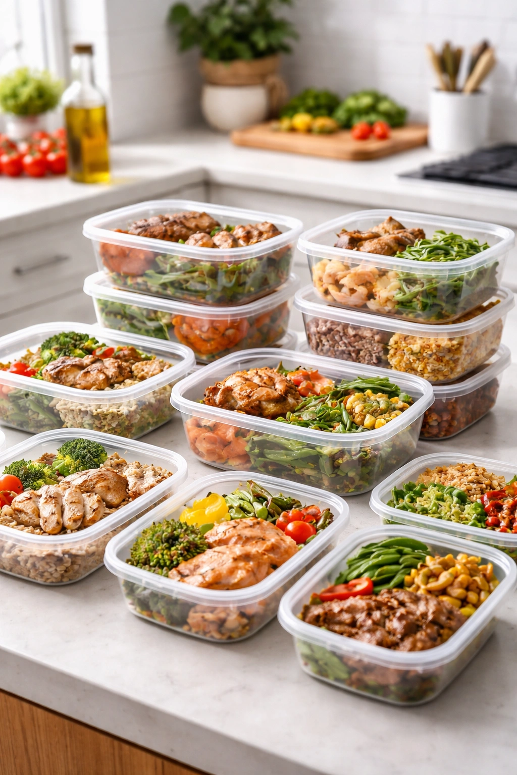 Assorted meal prep containers of various sizes on a counter