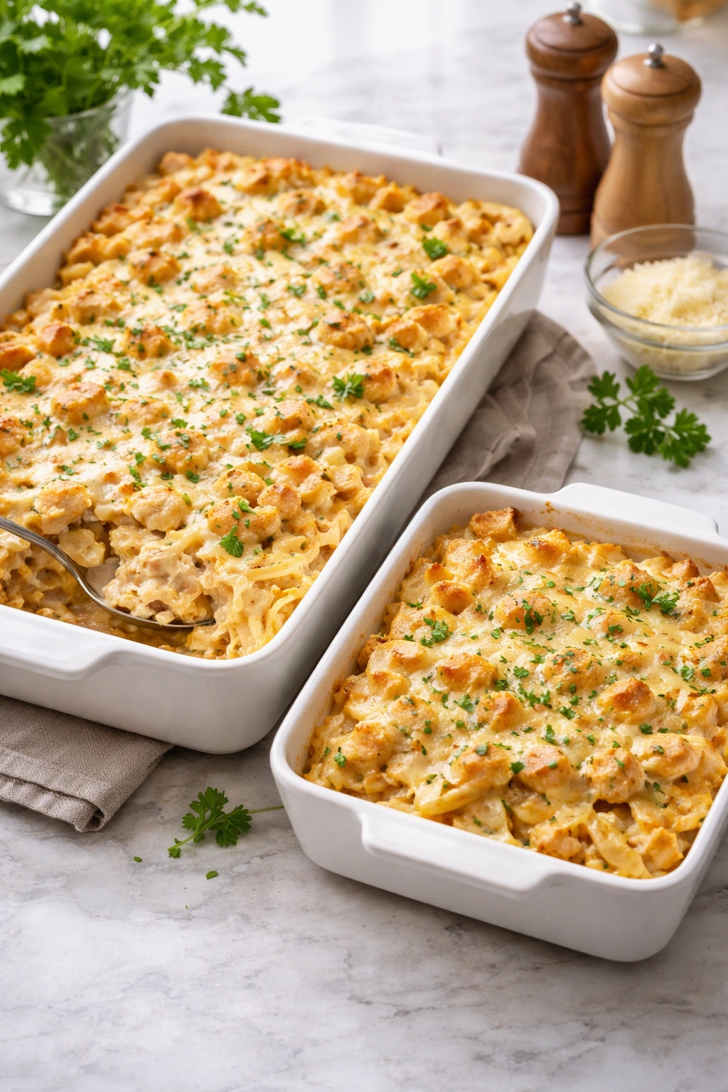 Two baking dishes showing different portion sizes of Alfredo bake