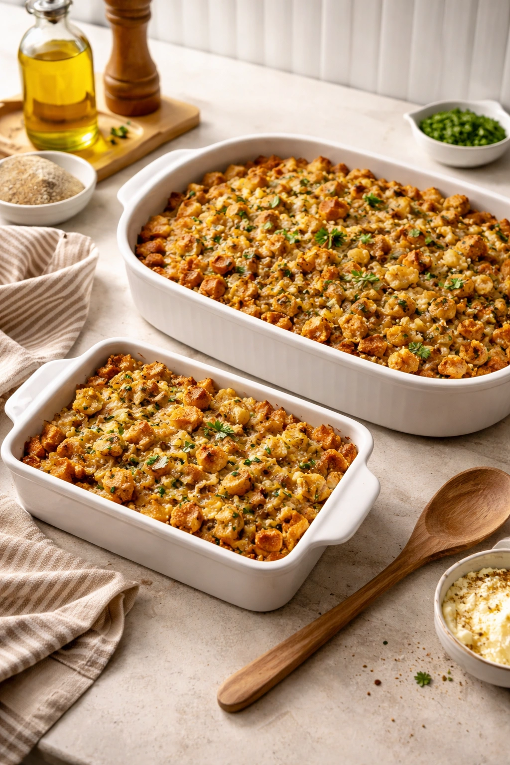Two baking dishes of bread dressing in different sizes showing scaling