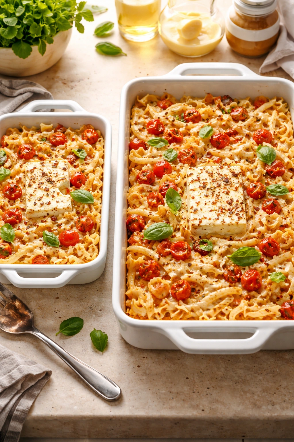 Two baking dishes showing small and large portions of feta pasta