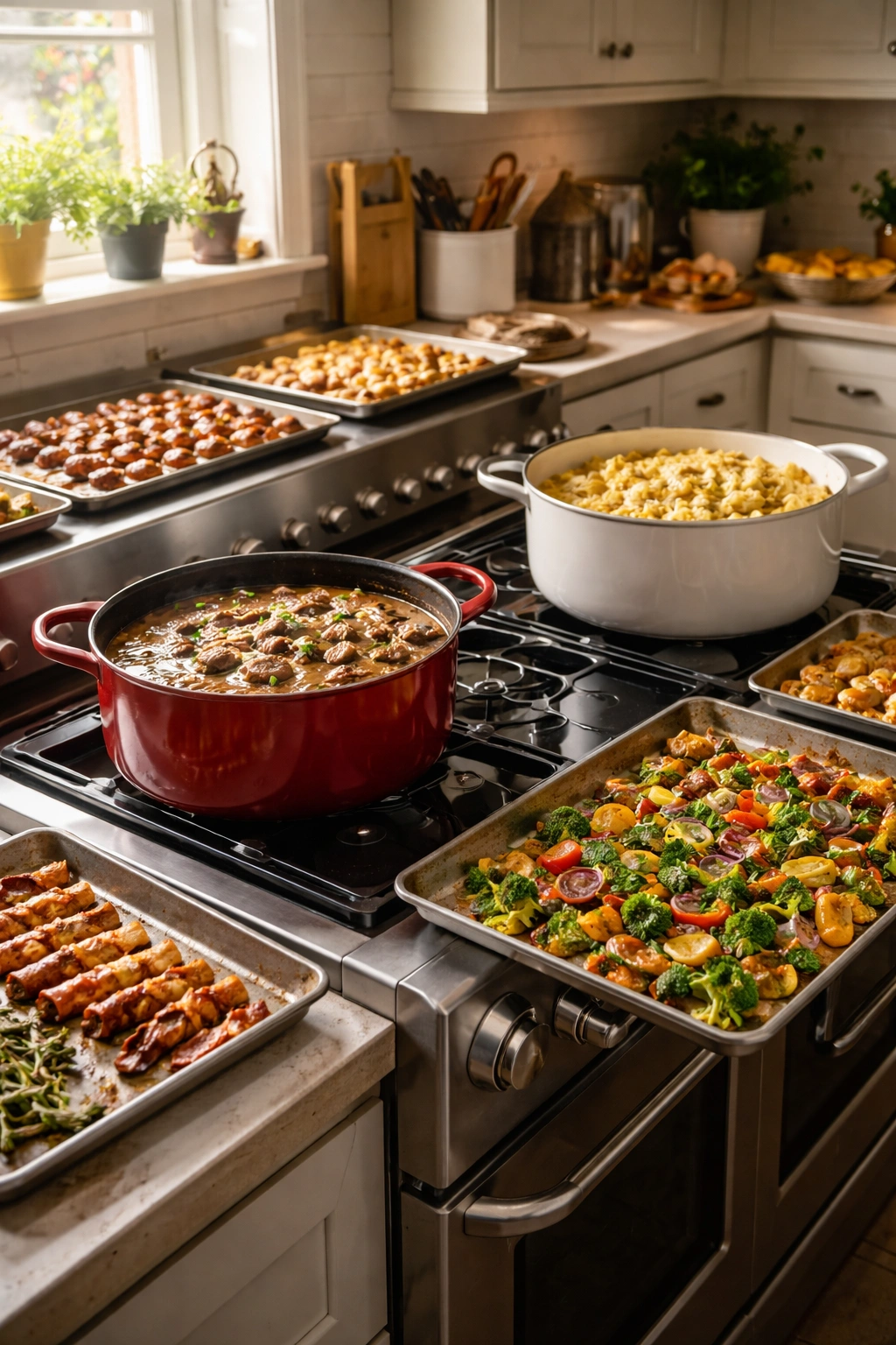 Kitchen scene with large pots and sheet pans showing scaled cooking for more guests