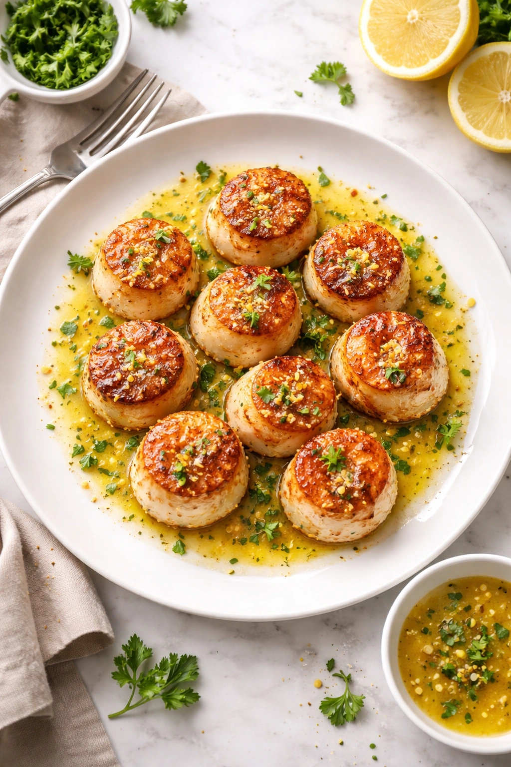 Pan-seared scallops on a plate with bright citrus sauce