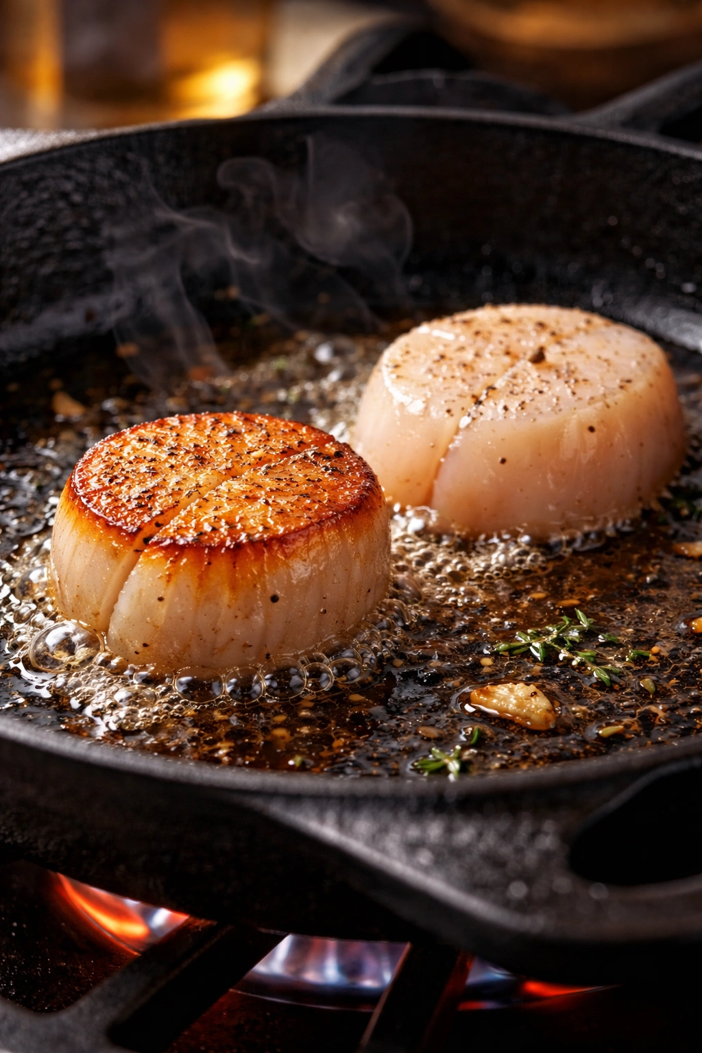 Two scallops in skillet showing seared and raw states