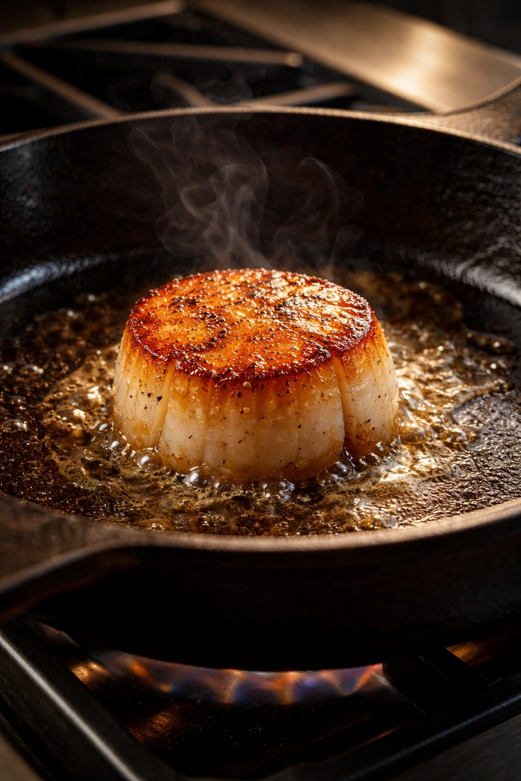 Single scallop browning to a golden crust in a hot skillet