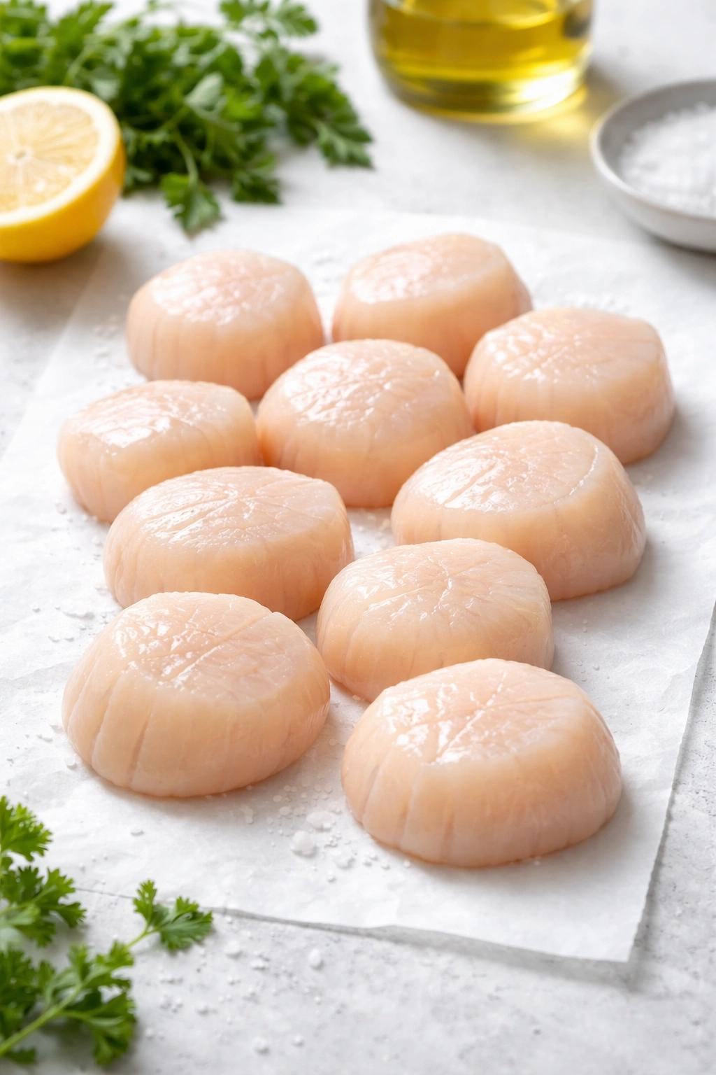 Close-up of fresh dry sea scallops with pinkish ivory color on a white surface