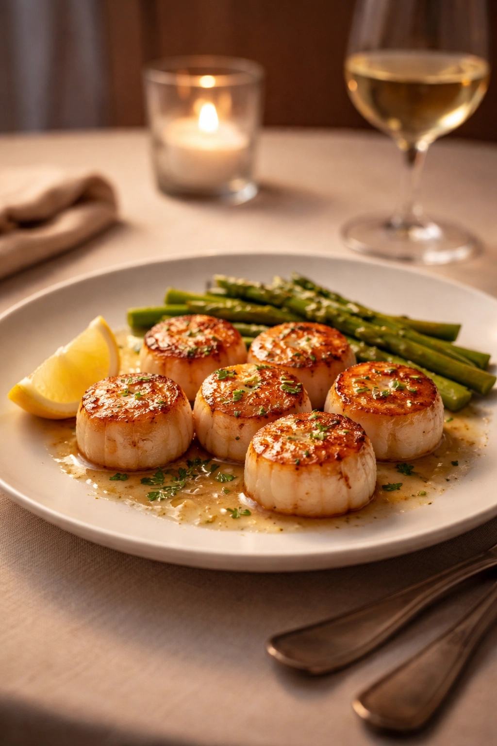 Elegant plate of scallops on a simple table setting