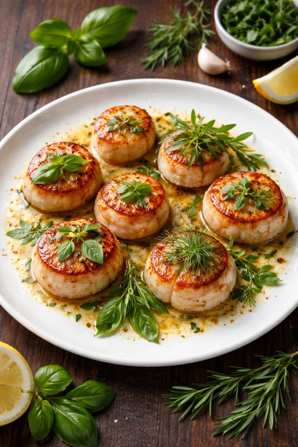 Scallops with herb garnishes illustrating flavor variations