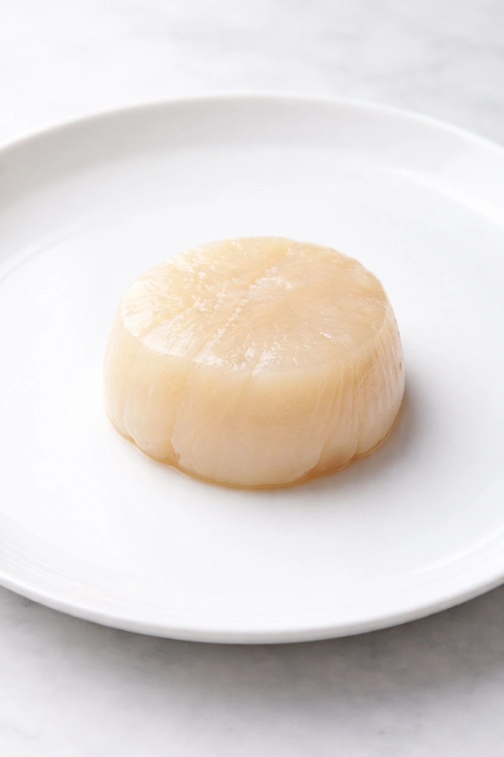 Single dry sea scallop on plate emphasizing minimal ingredients