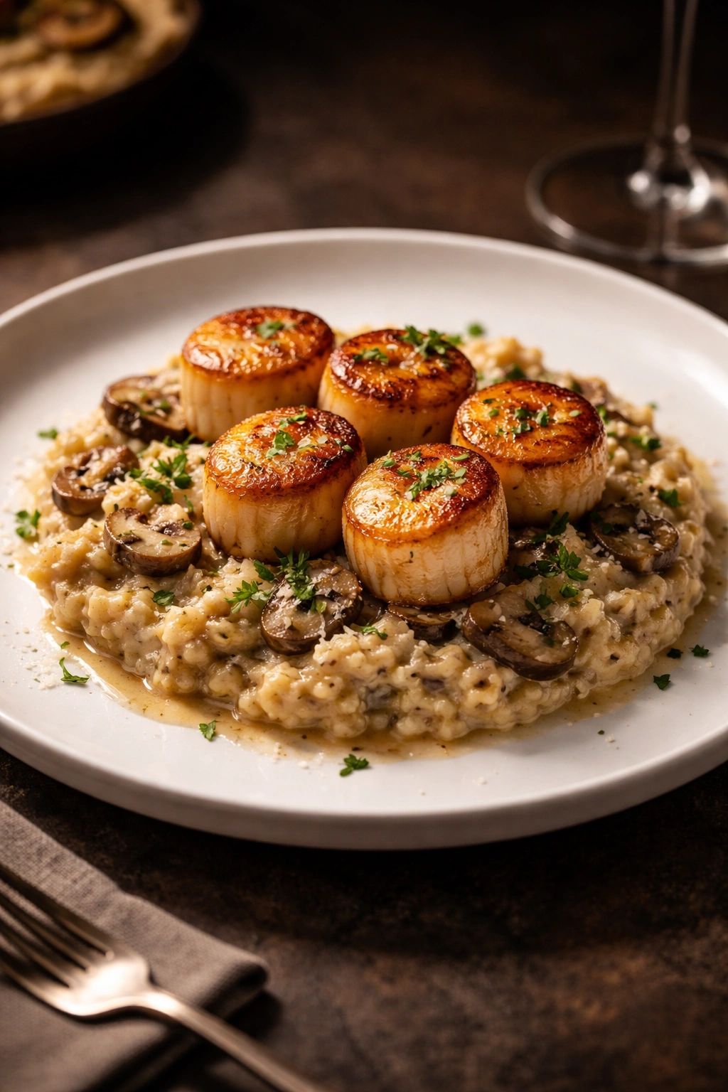 Scallops plated with mushroom risotto for a date-night pairing