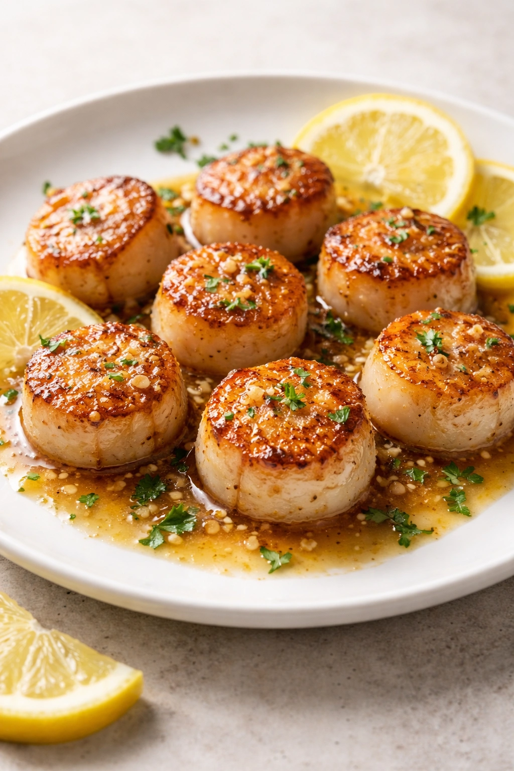 Seared scallops with lemon brown butter sauce on a plate