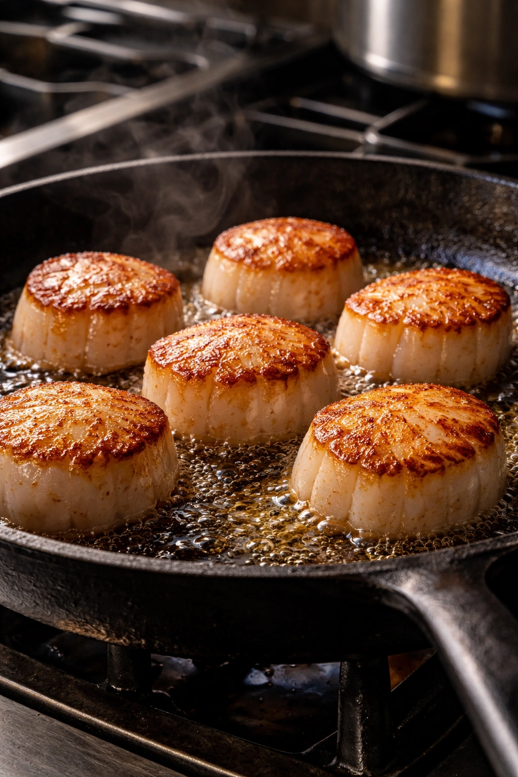 Close-up of dry sea scallops forming a golden crust in a cast-iron skillet