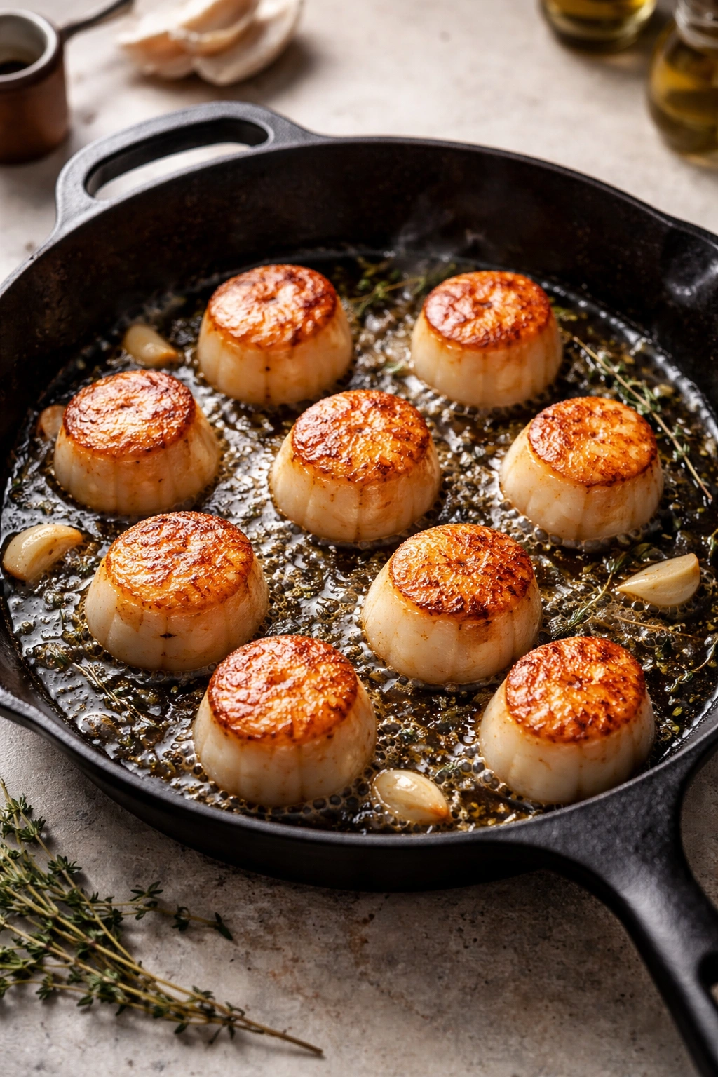 Close-up of seared scallops evenly spaced in a hot skillet