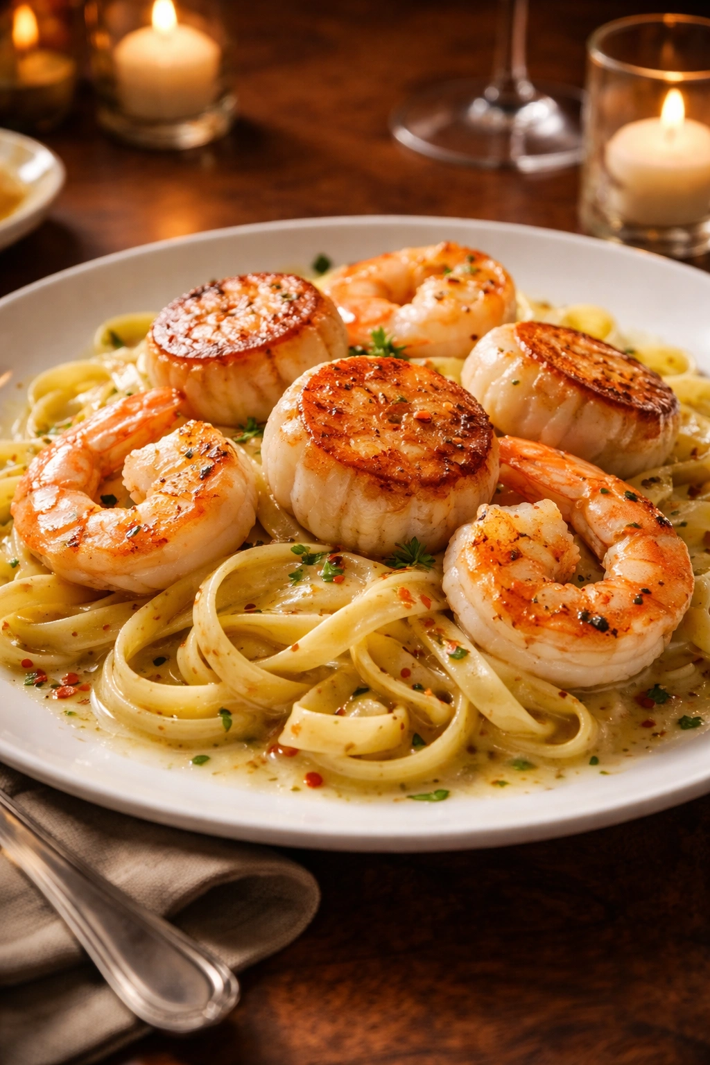 Pan-seared diver scallops and shrimp with champagne beurre blanc over pasta.
