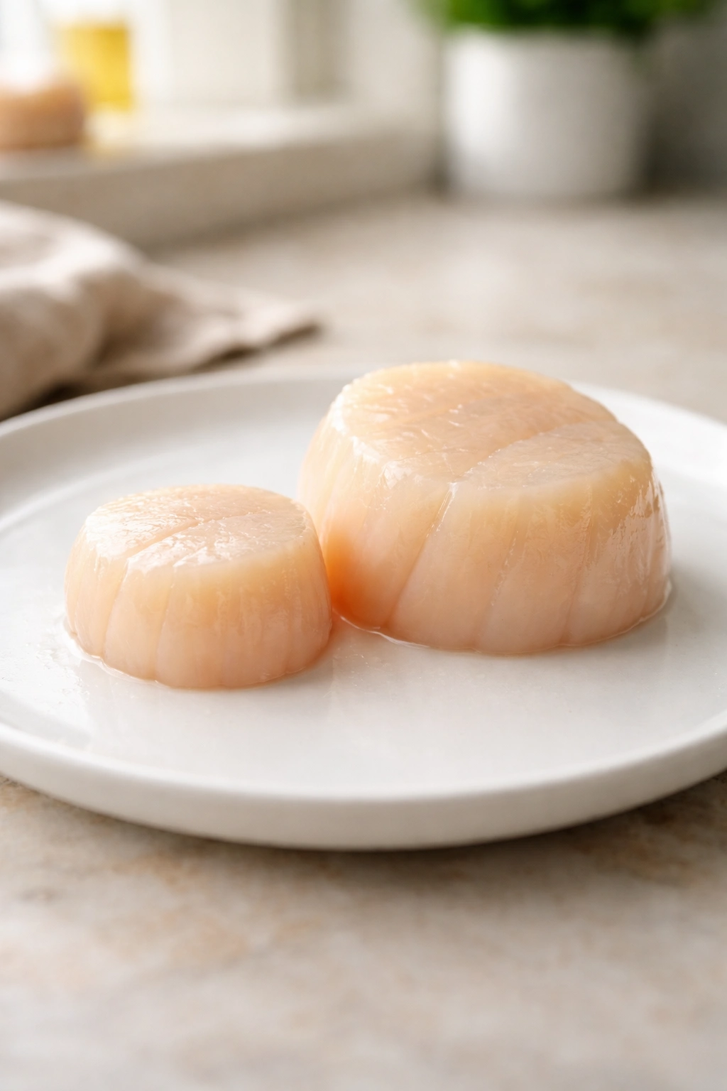 Two sea scallops of different sizes on a white plate showing size variation