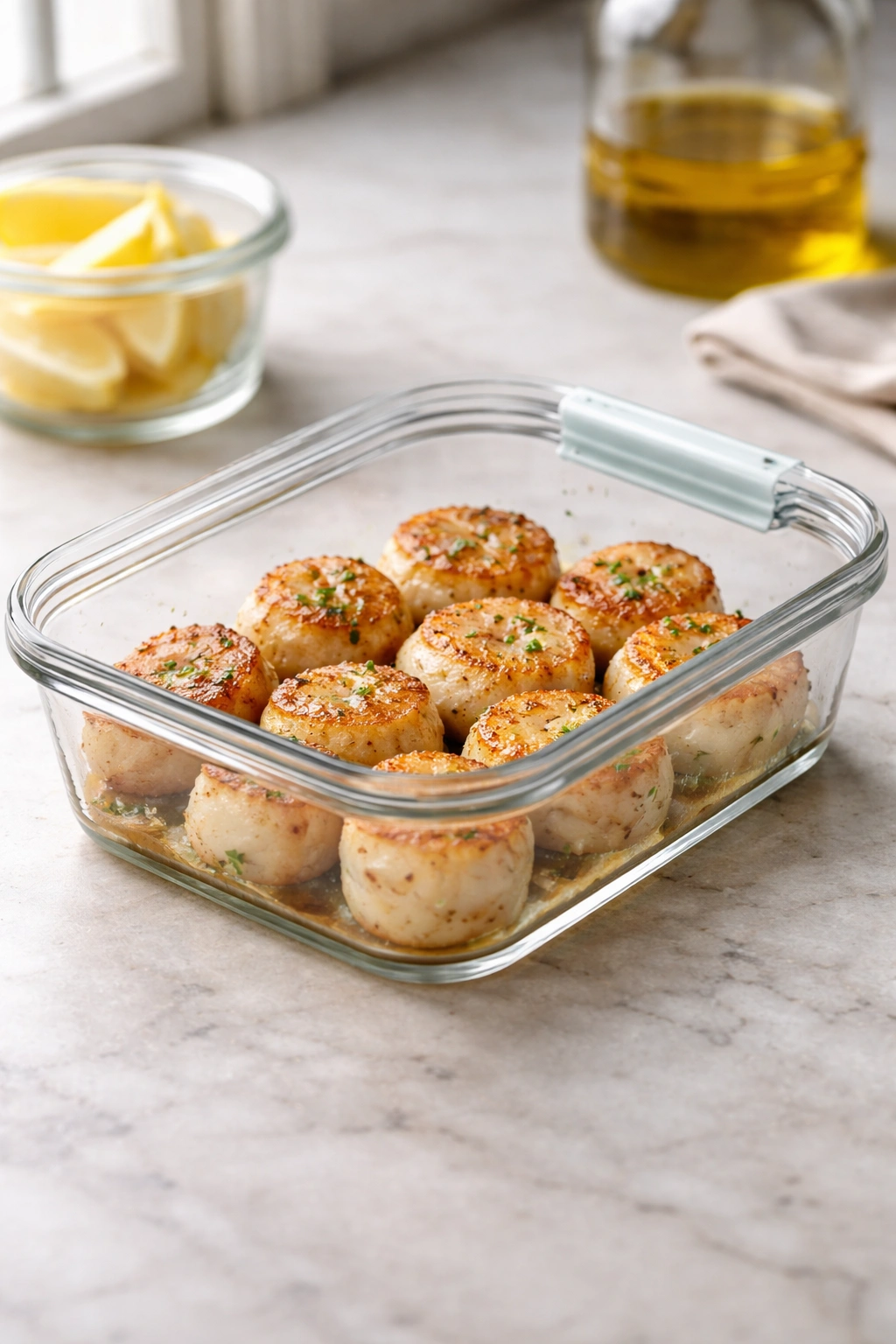 Airtight container of cooked scallops showing proper storage