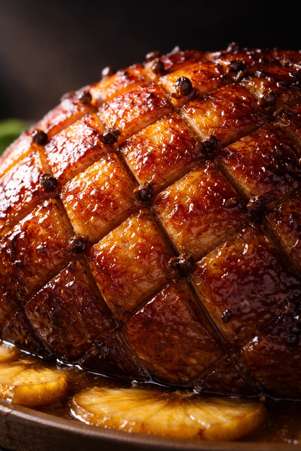 Close-up of ham surface with diamond scoring and glaze