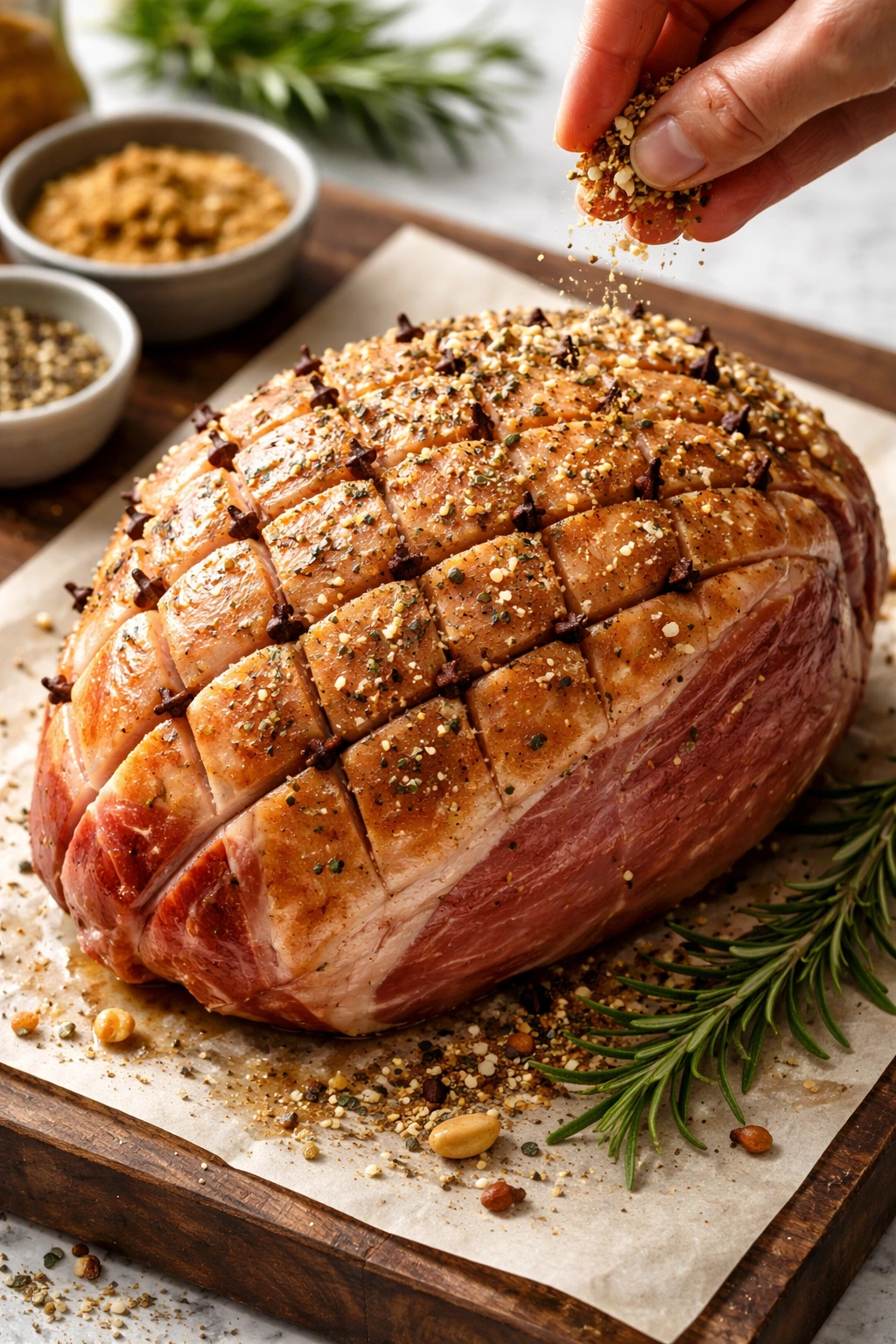 Close-up of a ham showing crosshatch scoring and cloves