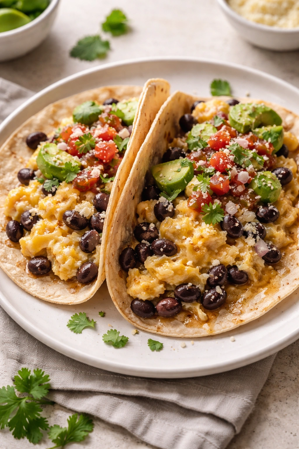 Close-up of scrambled egg and black bean breakfast tacos on a plate