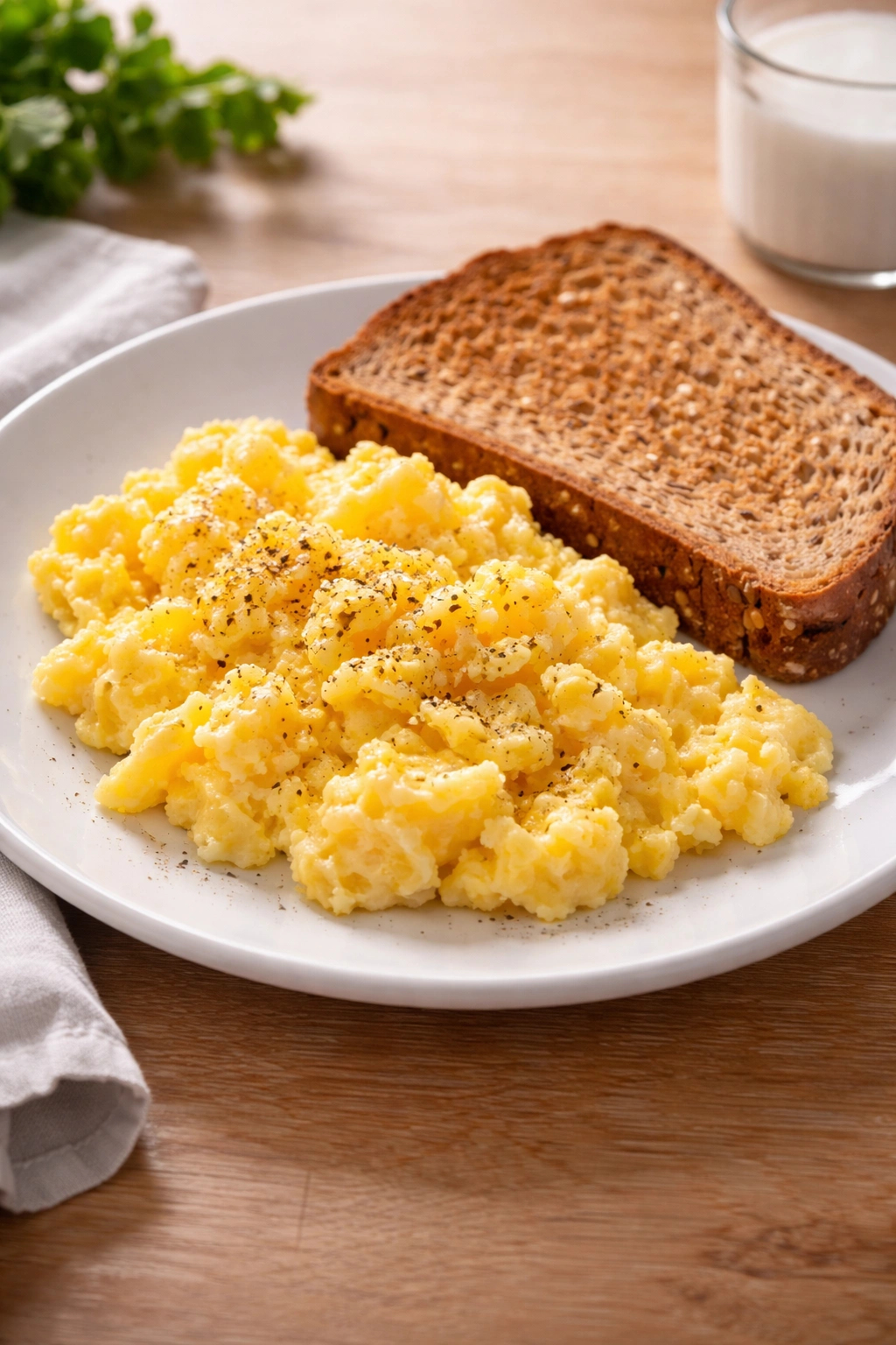 Two fluffy scrambled eggs with a slice of whole-grain toast on a plate
