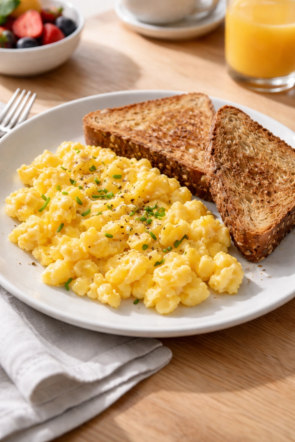 Fluffy scrambled eggs with whole grain toast on a plate